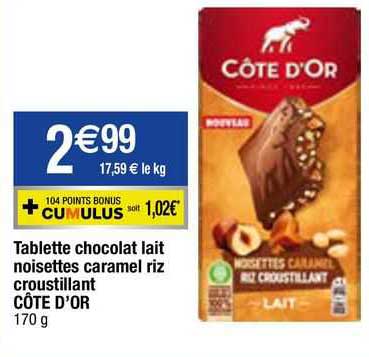 Tablette Chocolat Lait Noisettes Caramel Riz Croustillant Côte D'or