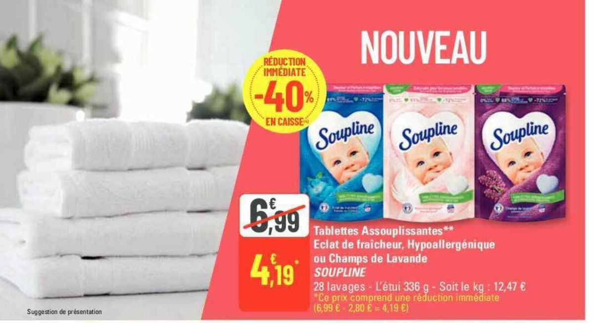 tablettes assouplissantes éclat de fraîcheur, hypoallergénique ou champs de lavande soupline