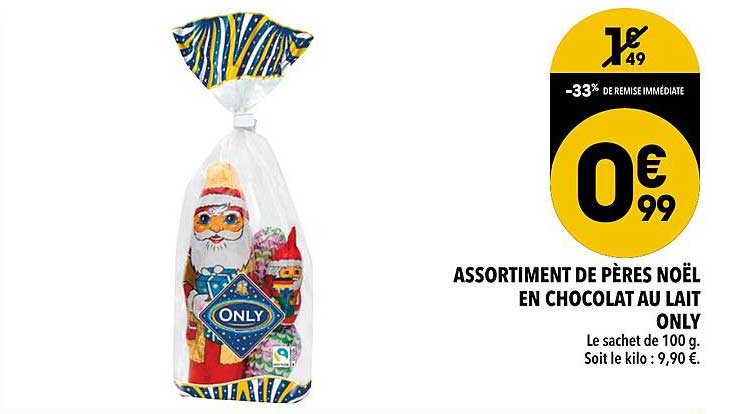 assortiment de pères noël en chocolat au lait only