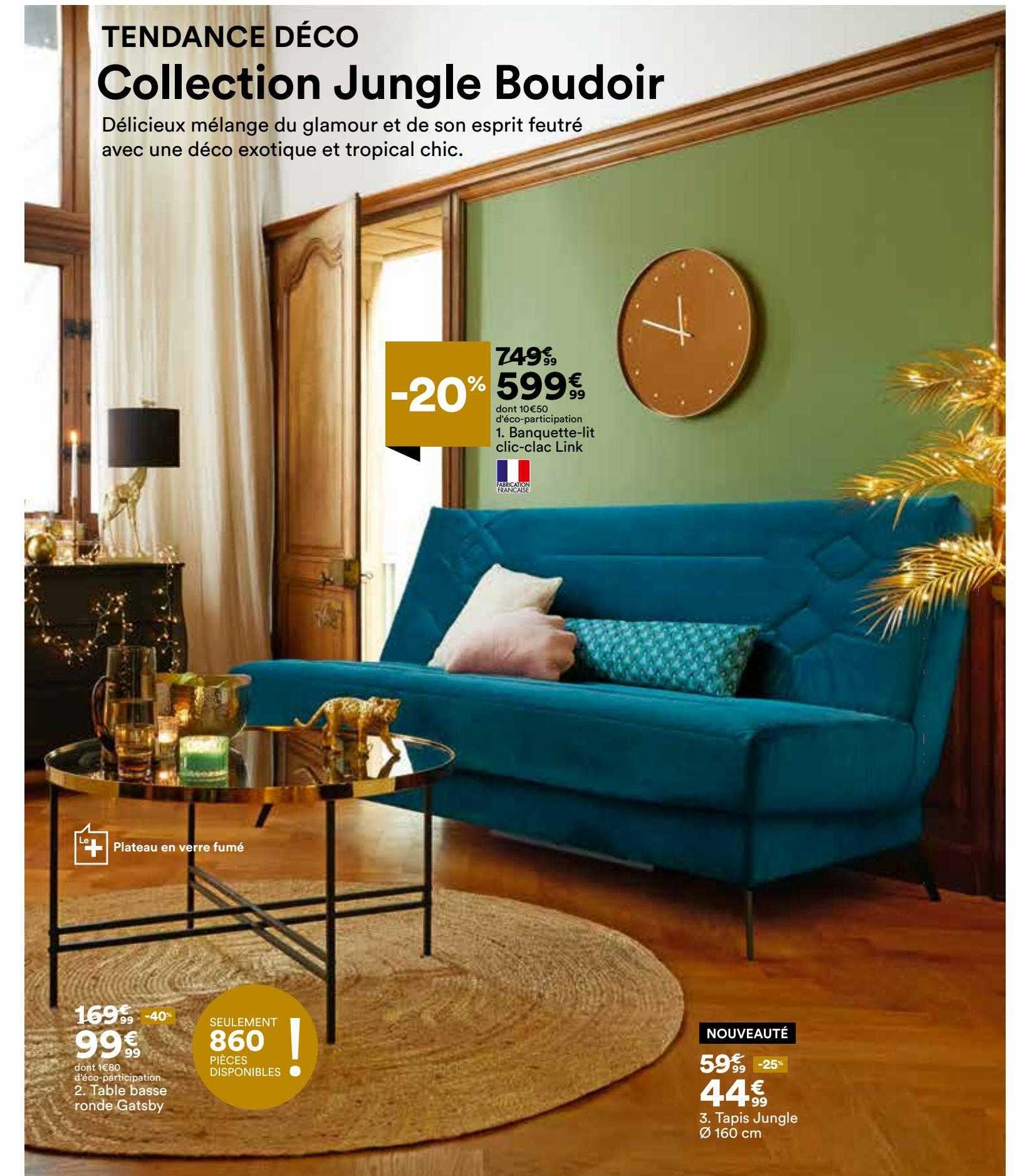 banquette-lit clic-clac link, table basse gatsby, tapis jungle ø150 cm