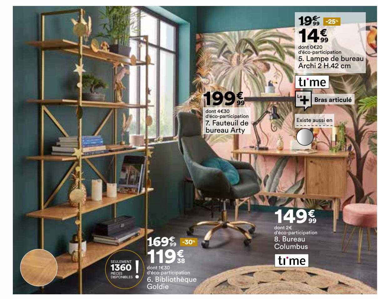 bibliothèque goldie, fauteuil de burreau arty, lampe de bureau archi 2 h.42 cm, bureau columbus time