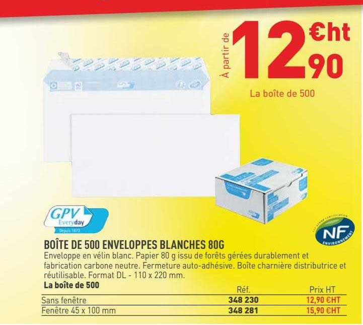 boîte de 500 enveloppes blanches 80g