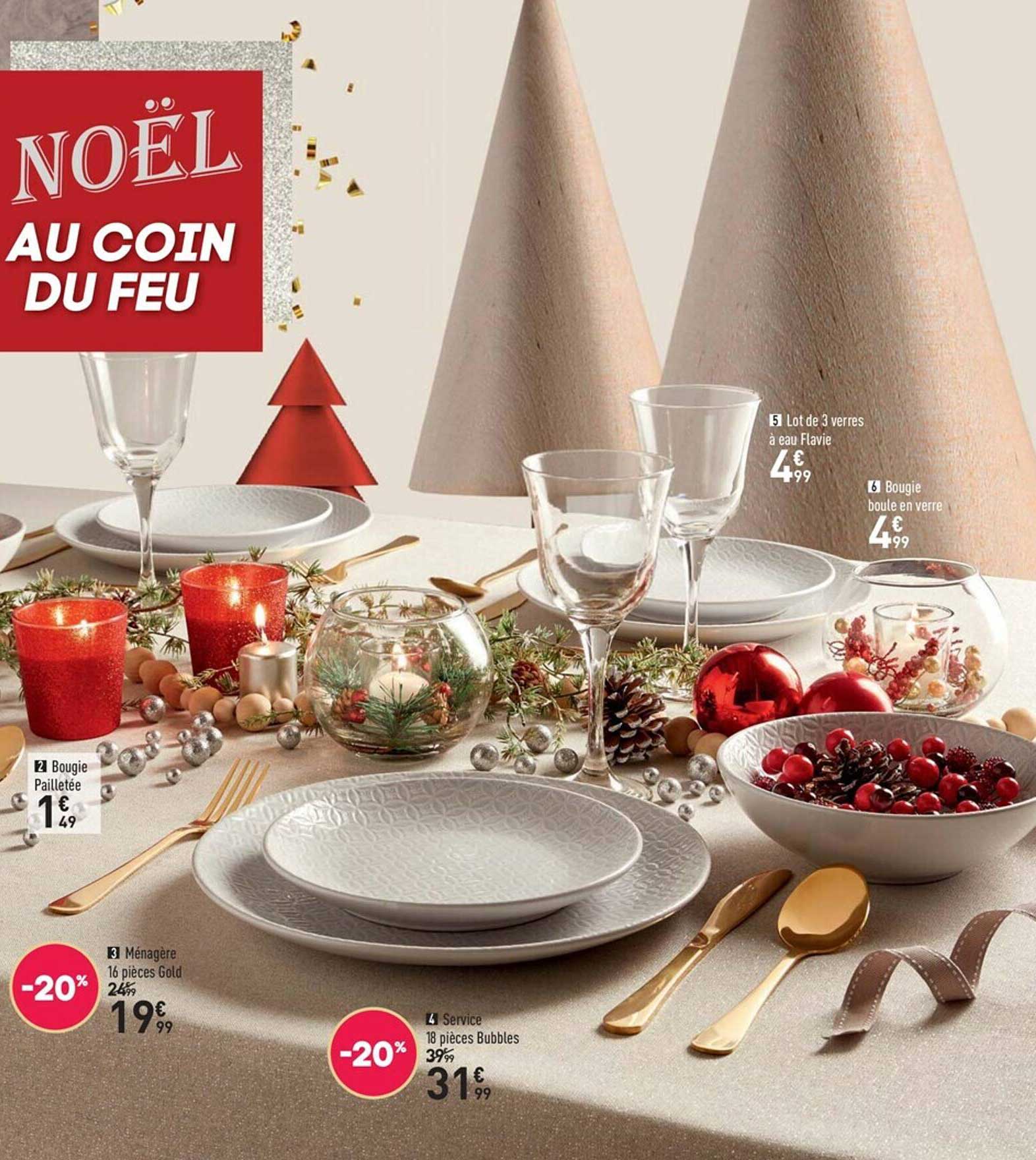 bougie pailletée, ménagère 16 pièces gold, service 18 pièces bubbles, lot de 3 verres à eau flavie, bougie boule en verre