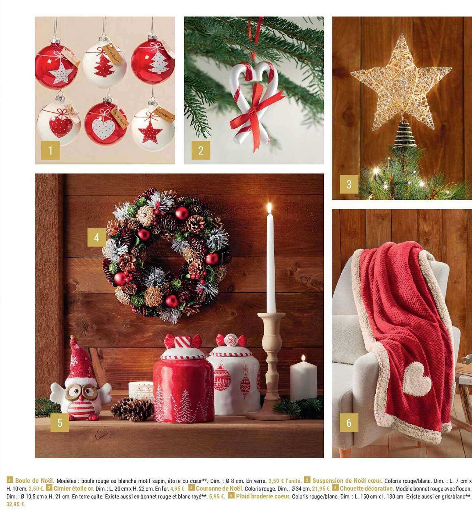 boule de noël, suspension de noël cœur, cimier étoile or, couronne de noël, chouette décorative, plaid broderie cœur,