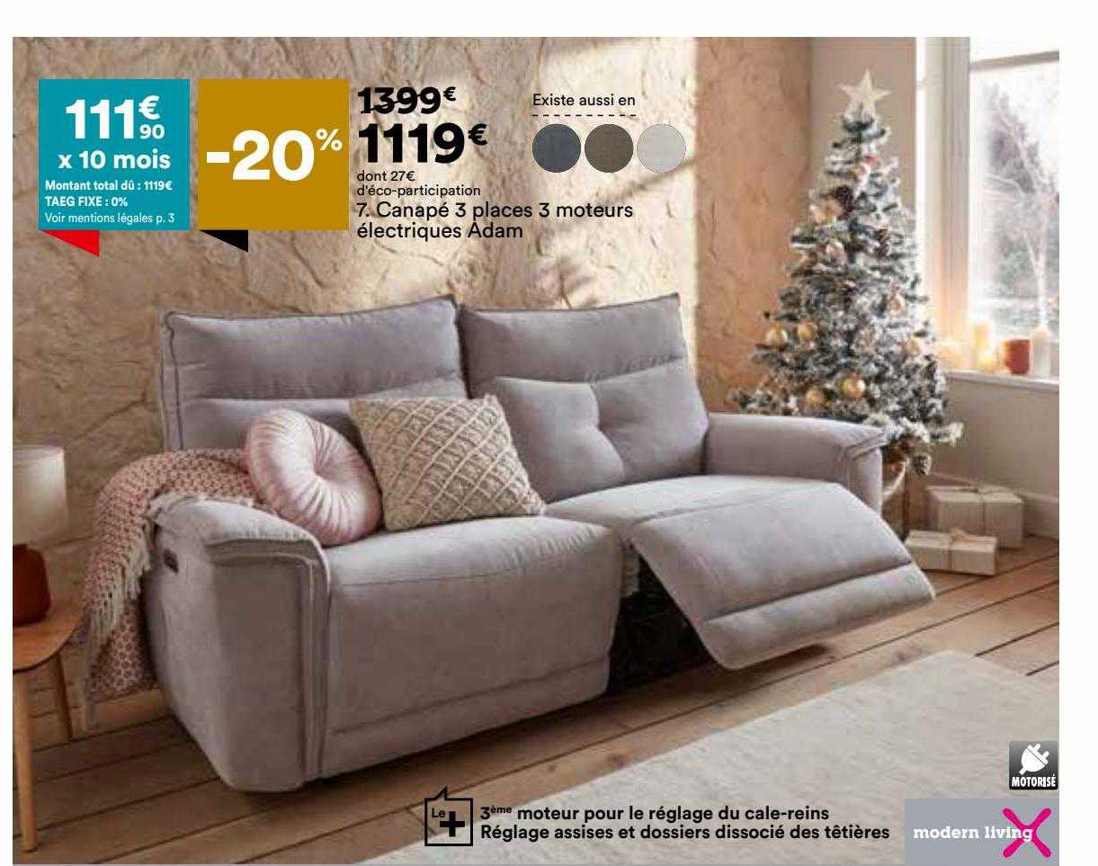 canapé 3 places 3 moteurs électriques adam