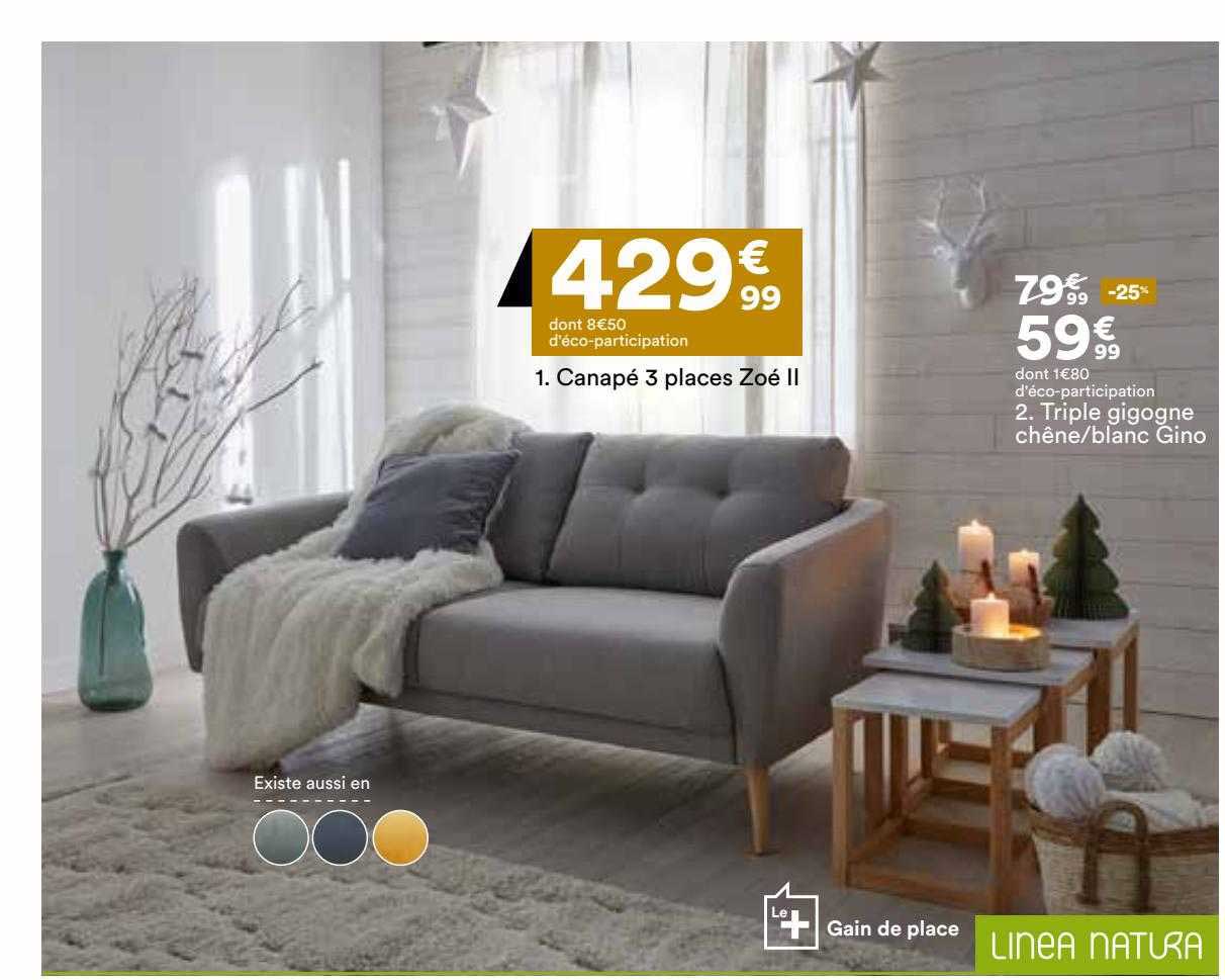 canapé 3 places zoé II, triple gigogne chêne-blanc gino linea natura