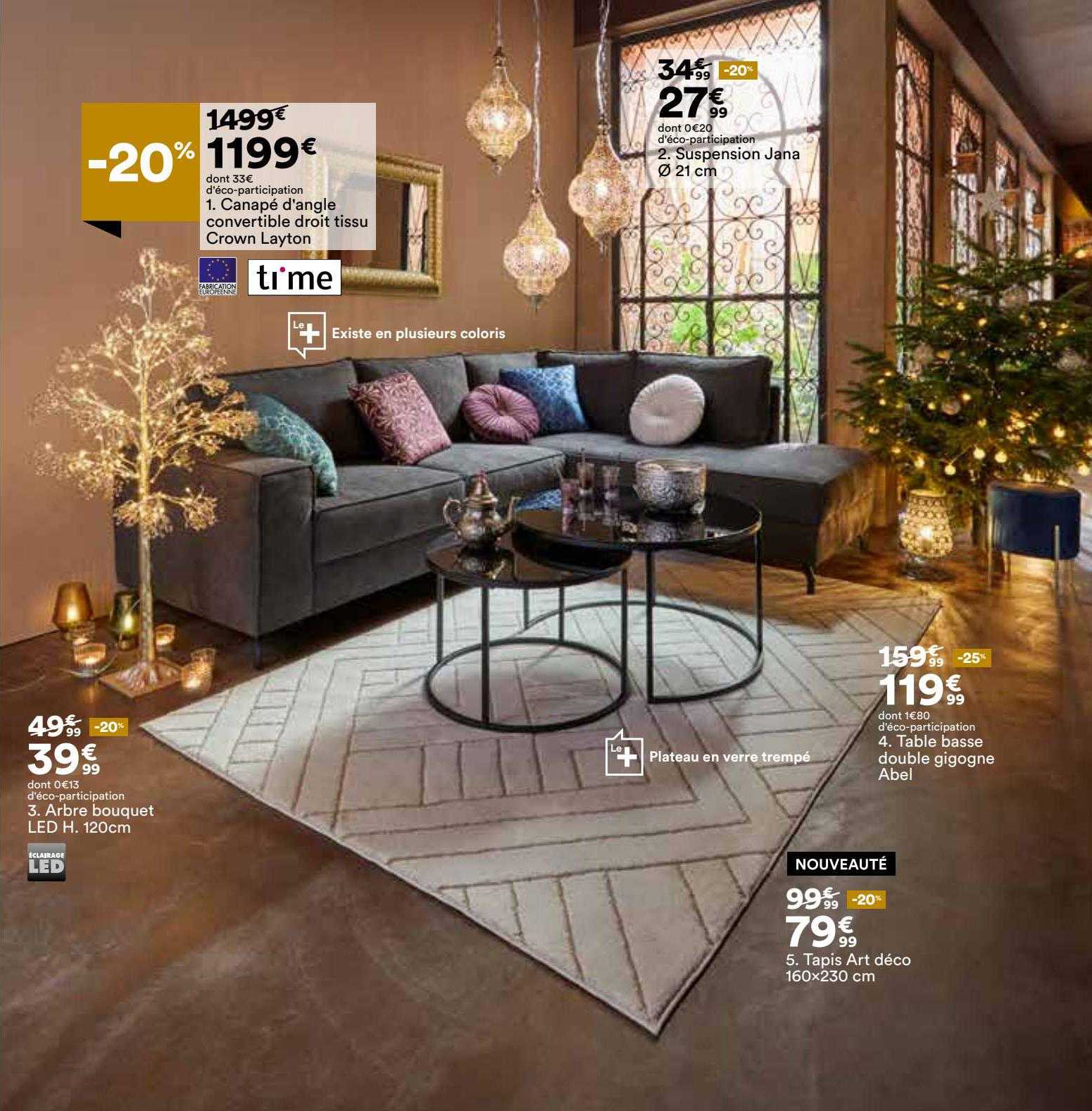 canapé d'angle convertible droit tissu crown layton, suspension jana ø21 cm, arbre bouquet led h. 120 cm, tapis art déco 160 x 120 cm, table basse double gigogne abel