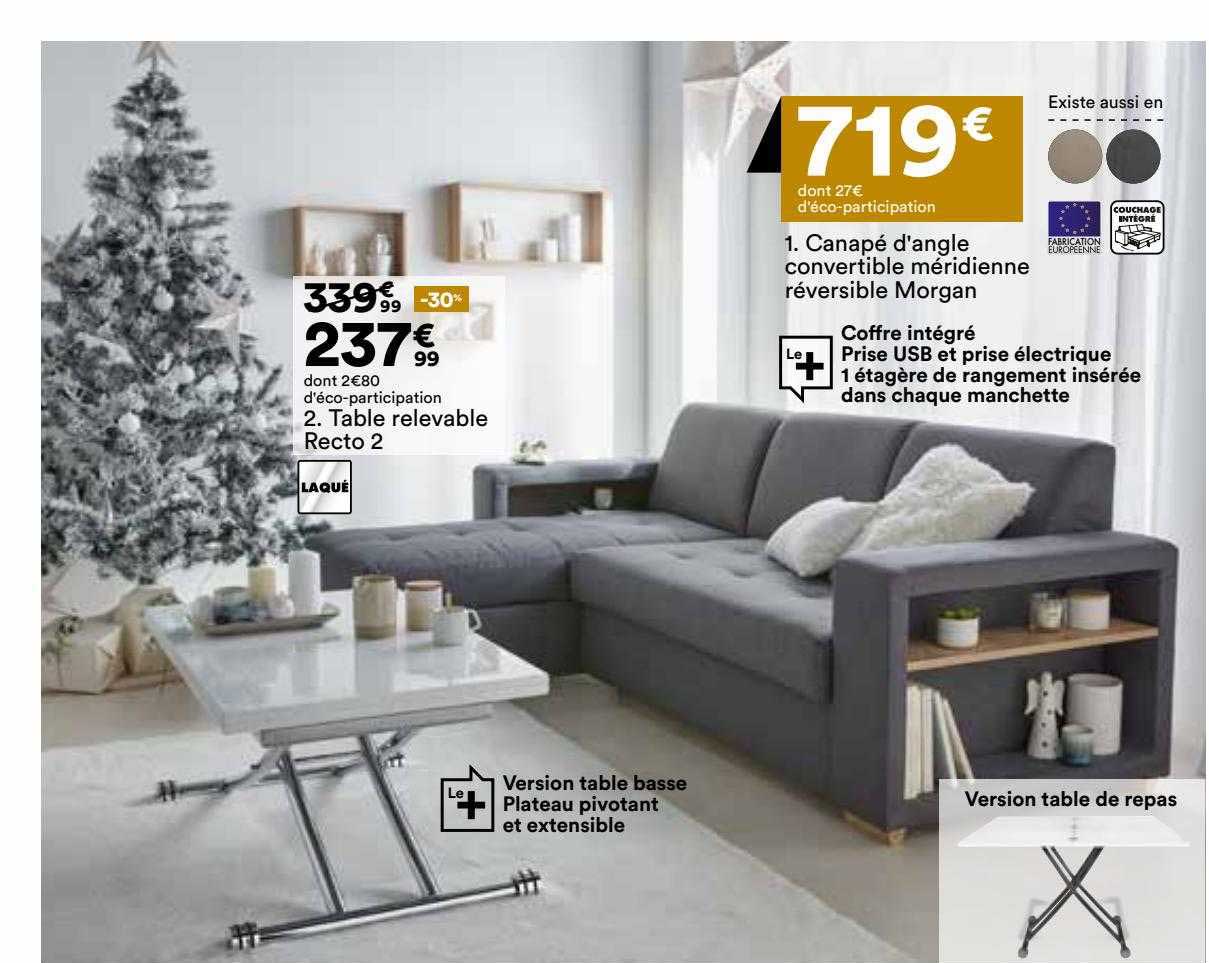canapé d'angle convertible méridienne réversible morgan, table relevable recto 2