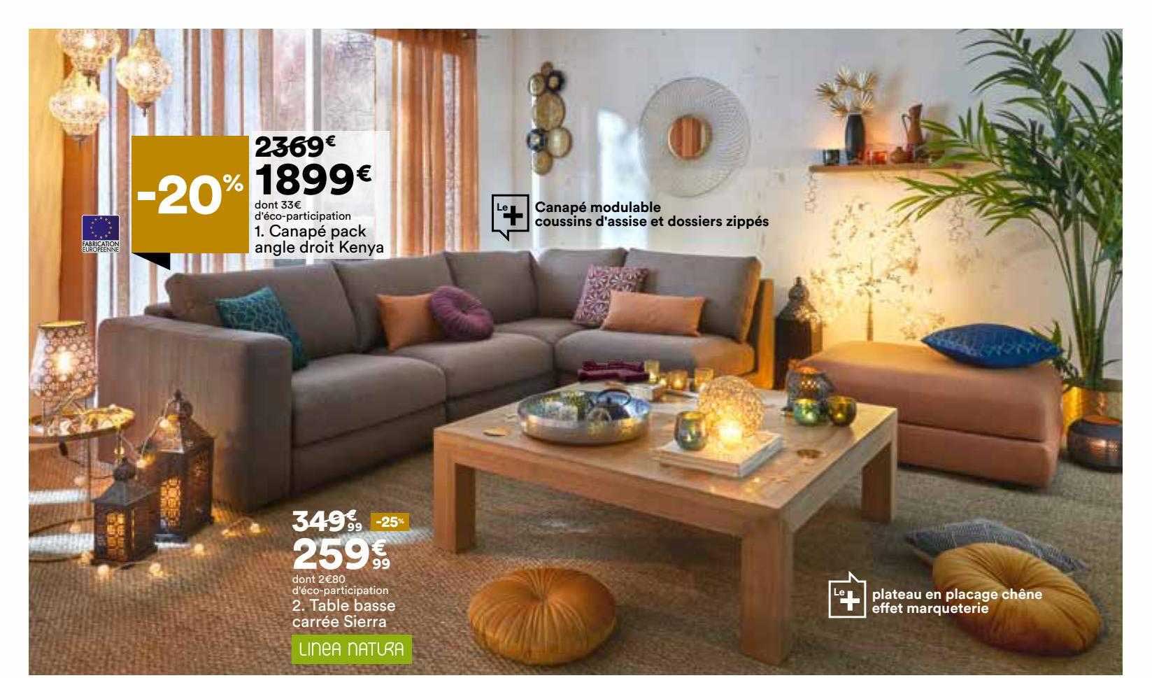canapé pack angle droit kenya, table basse carrée sierra