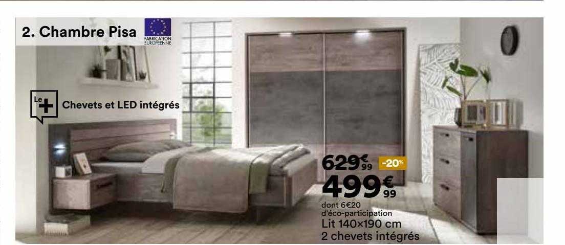 chambre pisa : lit 140 x 190 cm 2 chevets intégrés