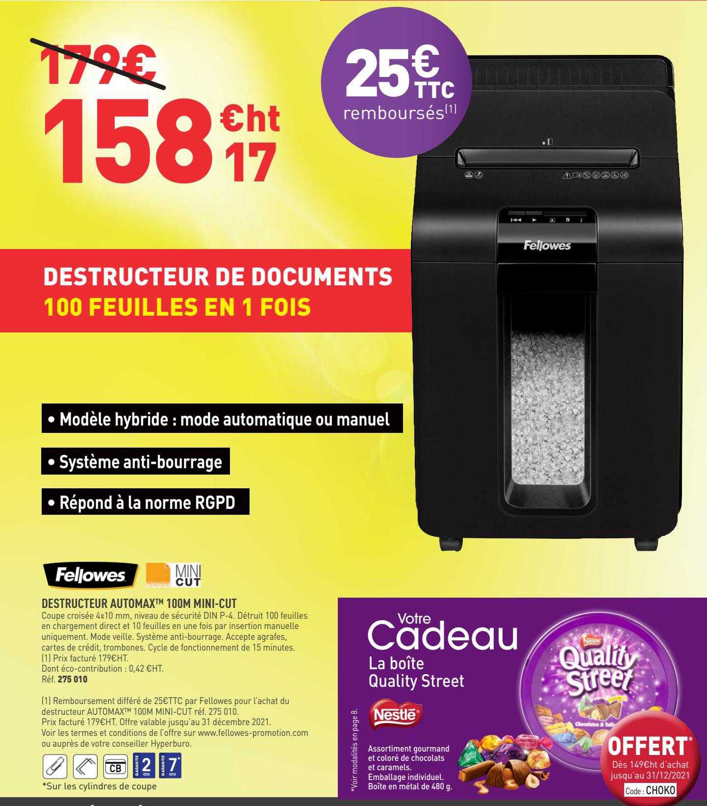 destructeur de documents 100 feuilles en 1 fois fellowes