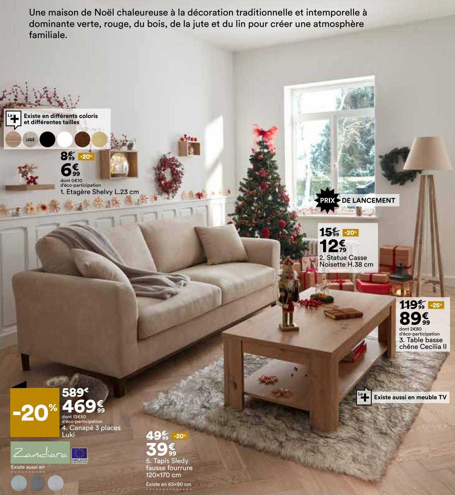 étagère shelvy l.23 cm, canapé 3 places luki, tapis sledy fausse fourrure 120 x 170 cm, statue casse noisette h. 38 cm, table basse chêne cecilia II