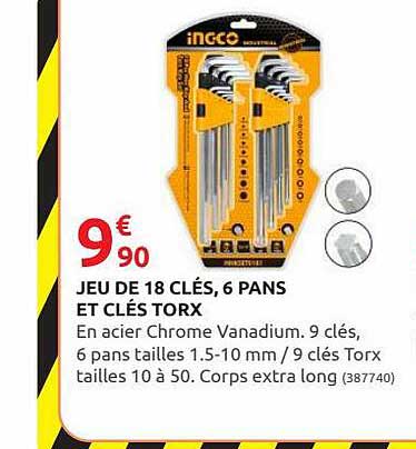 jeu de 18 clés, 6 pans et clés torx