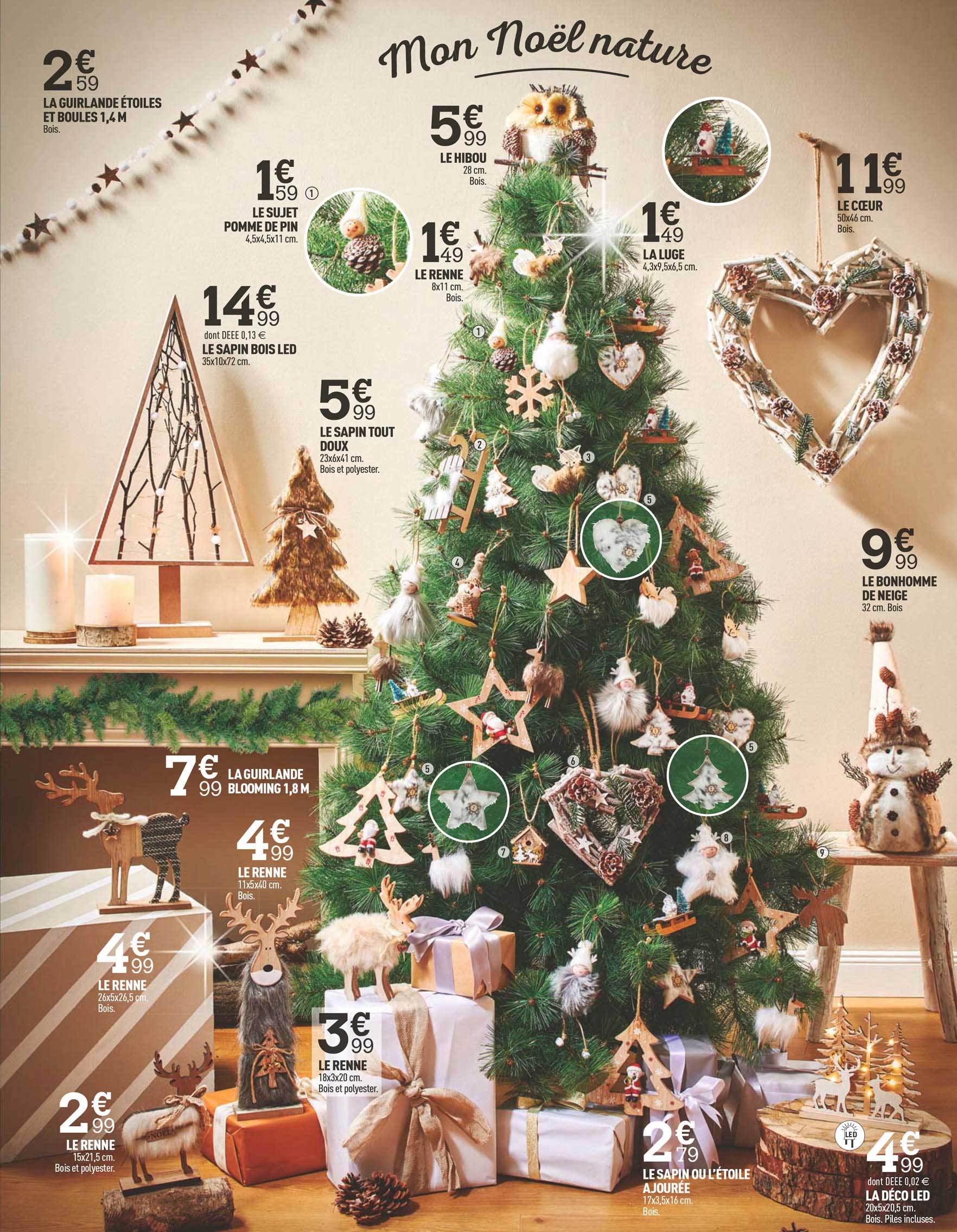 la guirlande étoiles et boules, le sujet pomme de pin, le hibou, la renne, le sapin bois led, la luge, le sapin tout doux, le cœur, le bonhomme de neige, le sapin ou l'étoile ajourée, la déco led