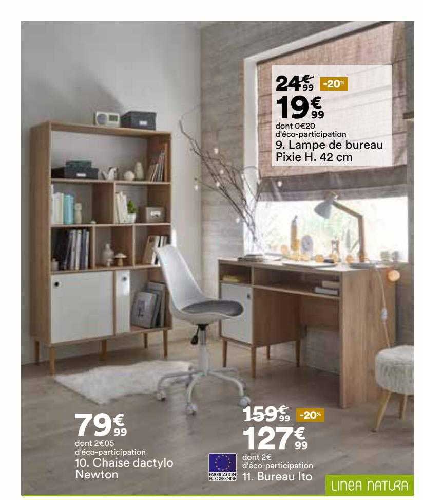 lampe de bureau pixie h. 42 cm, chaise dactylo newton, bureau ito linea natura