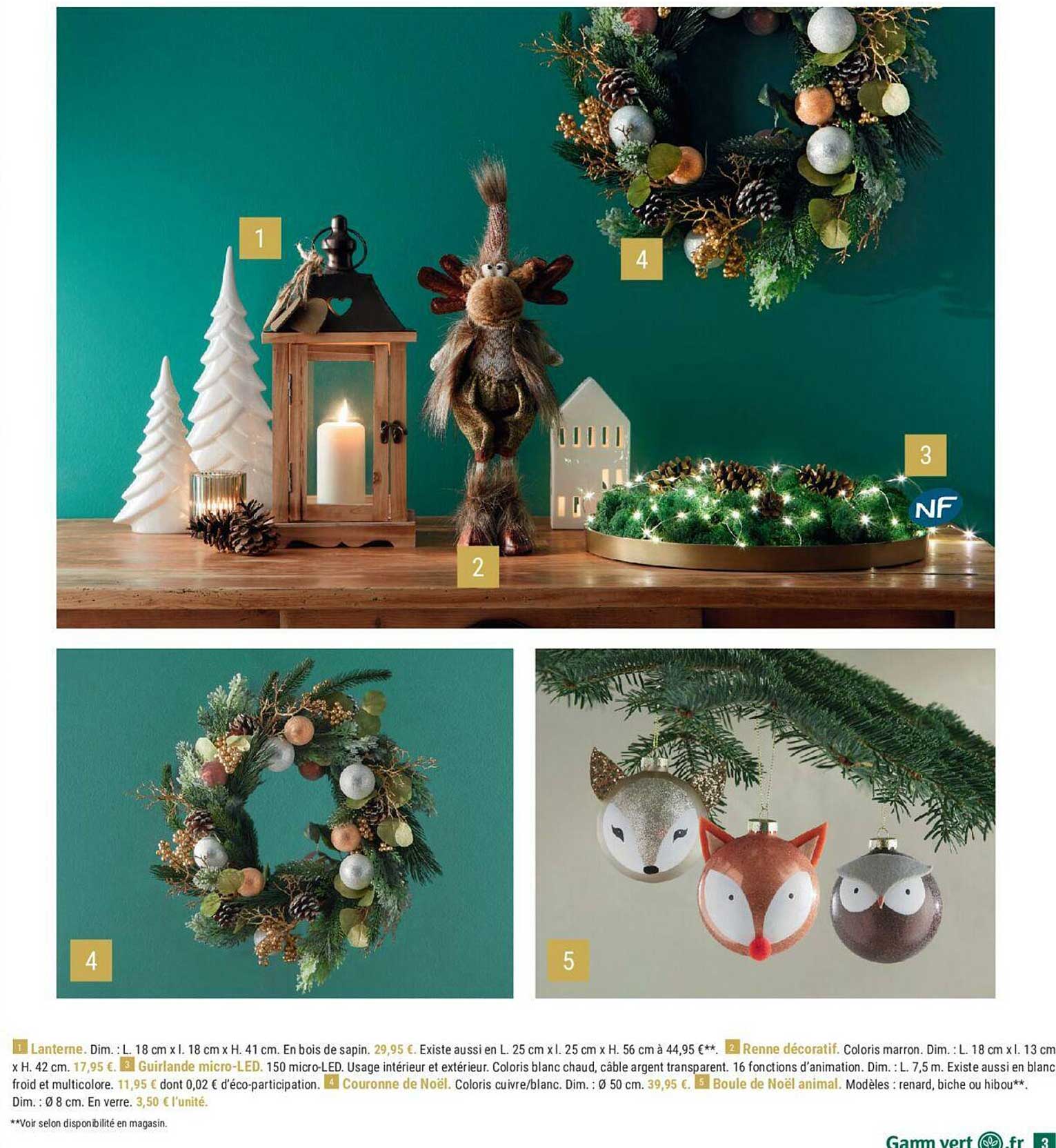 lanterne, renne décoratif, guirlande micro-led, couronne de noël, boule de noël animal