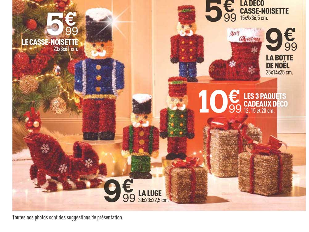 le casse-noisette, la  déco casse-noisette, la botte de noël, les 3 paquets cadeaux déco, la luge