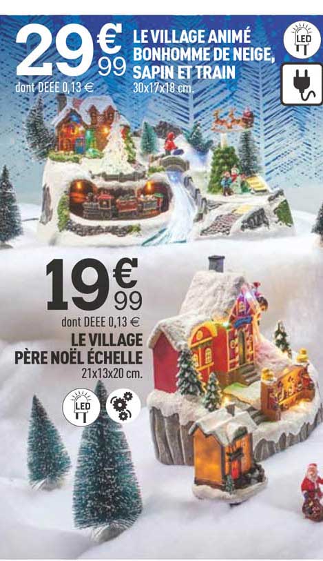 le village animé bonhomme de neige, sapin et train, le village père noël échelle
