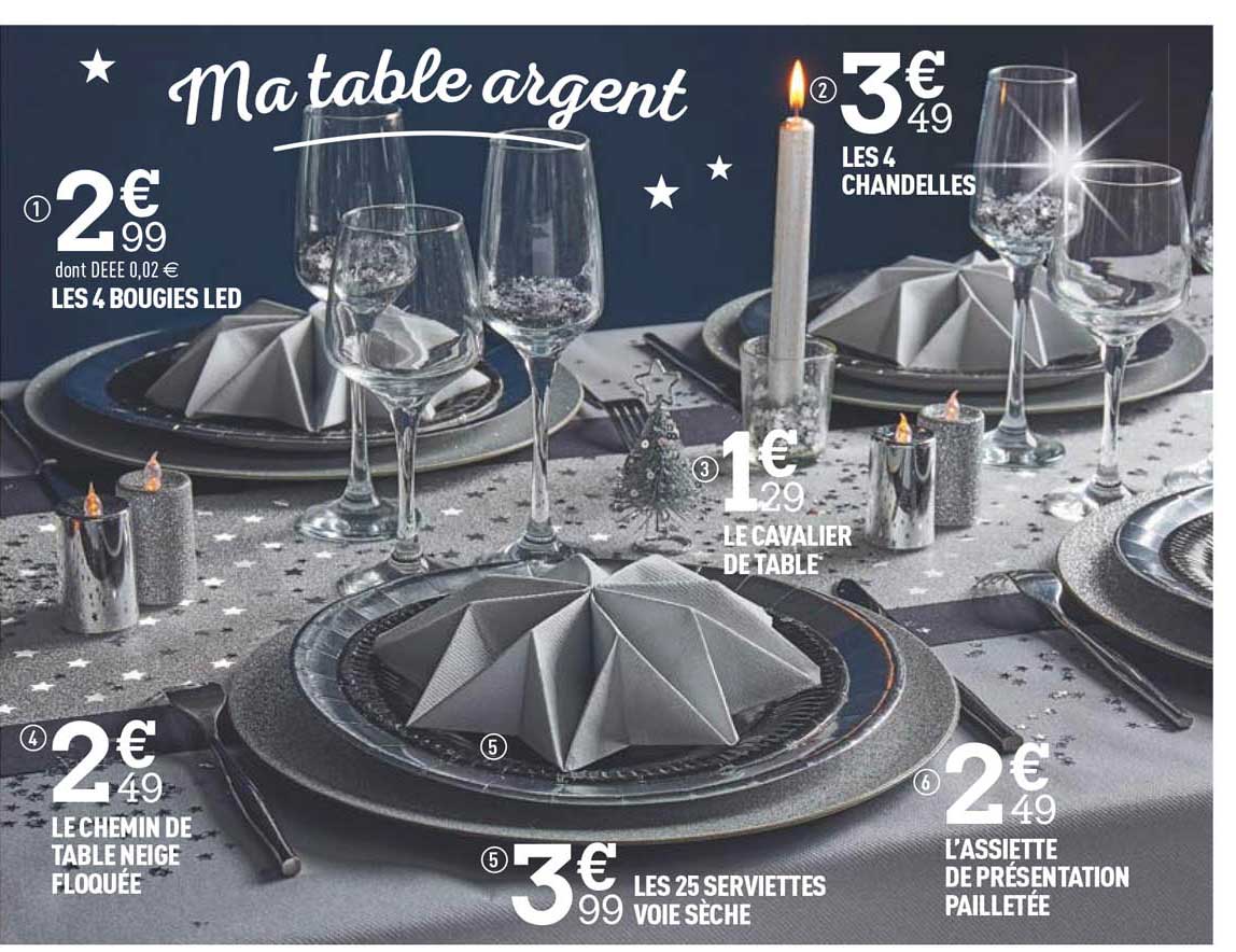 les 4 bougies led, le chemin de table neige floquée, les 25 serviettes voie sèche, l'assiette de présentation pailletée, le cavalier de table, les 4 chandelles