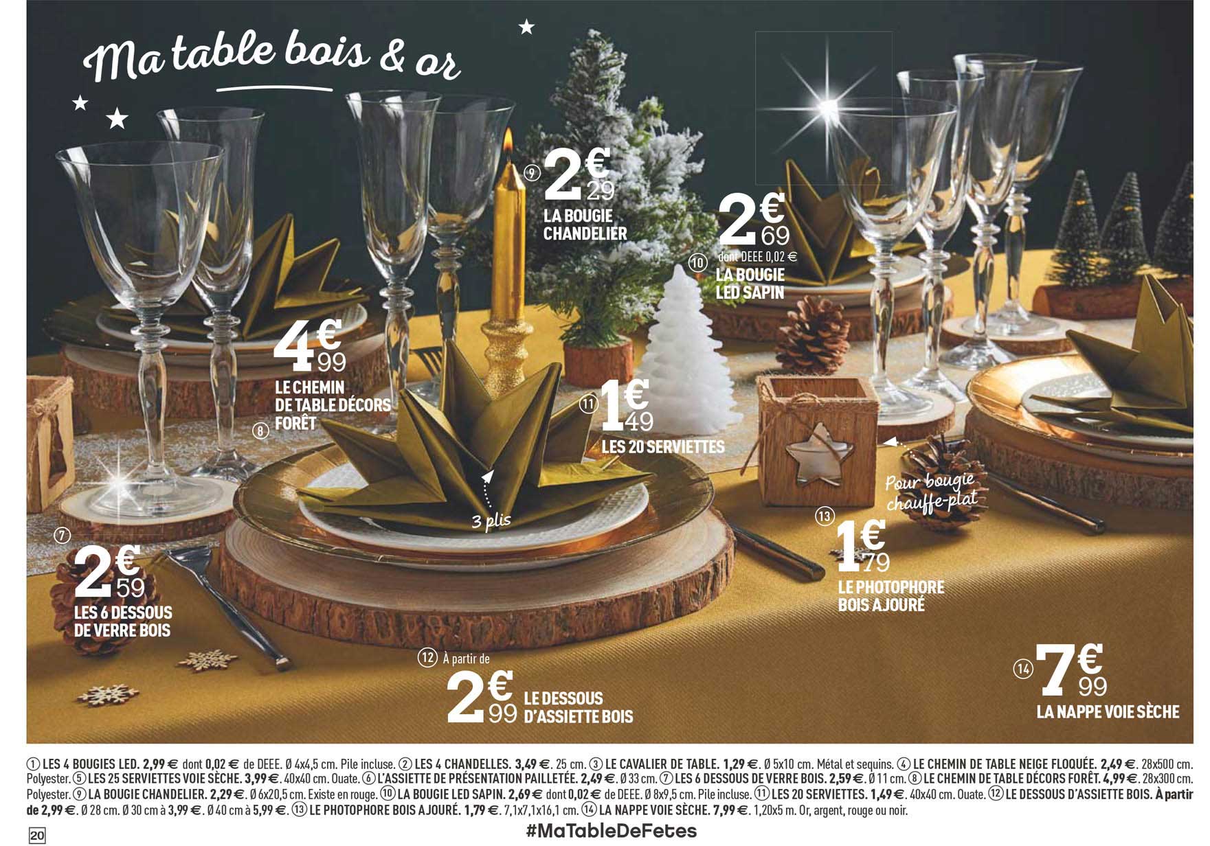 les 6 dessous de verre bois, le chemin de table décors forêt, la bougie chandelier, les dessous d'assiette bois, les 20 serviettes, le photophore bois ajouré, la nappe voie sèche, la bougie led sapin