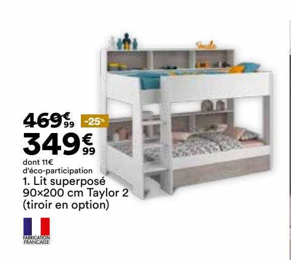 lit superposé 90 x 200 cm taylor 2 (tiroir en option)