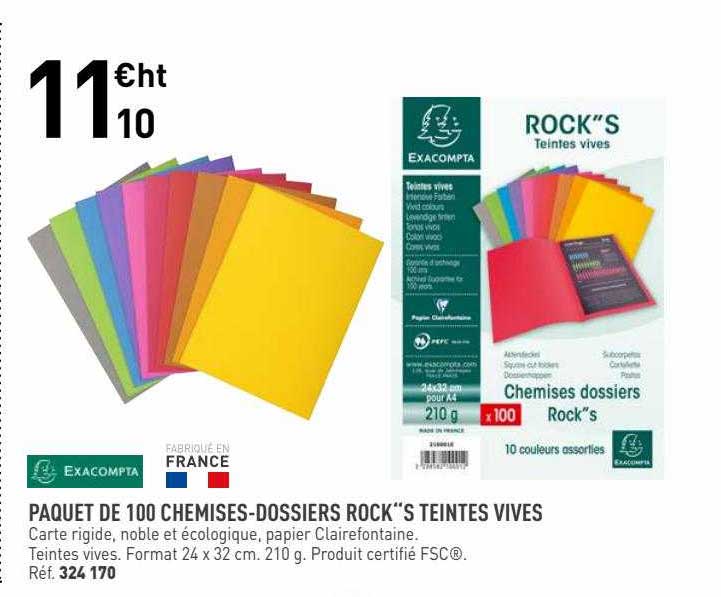 paquet de 100 chemises-dossiers rock"s teintes vives exacompta