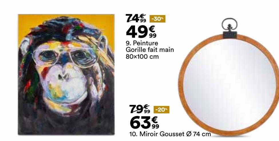 Peinture Gorille Fait Main 80 X 100 Cm, Miroir Gousset ø 74 Cm