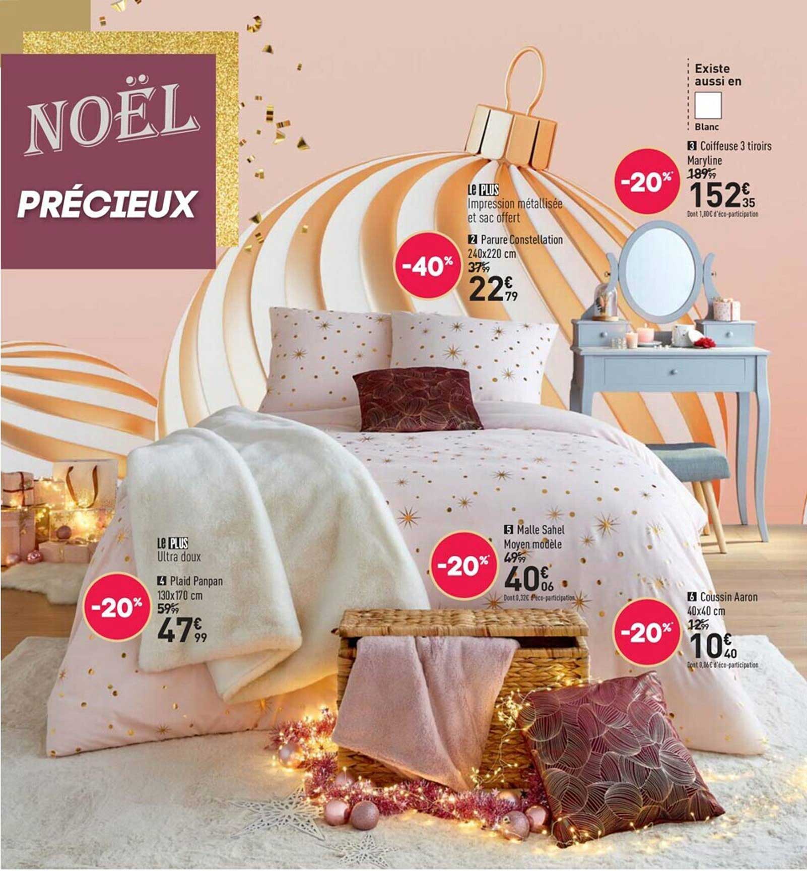 plaid panpan 130 x 170 cm, malle sahel moyen modèle, parure constellation 240 x 220 cm, coiffeuse 3 tiroirs maryline, coussin aaron 40 x 40 cm