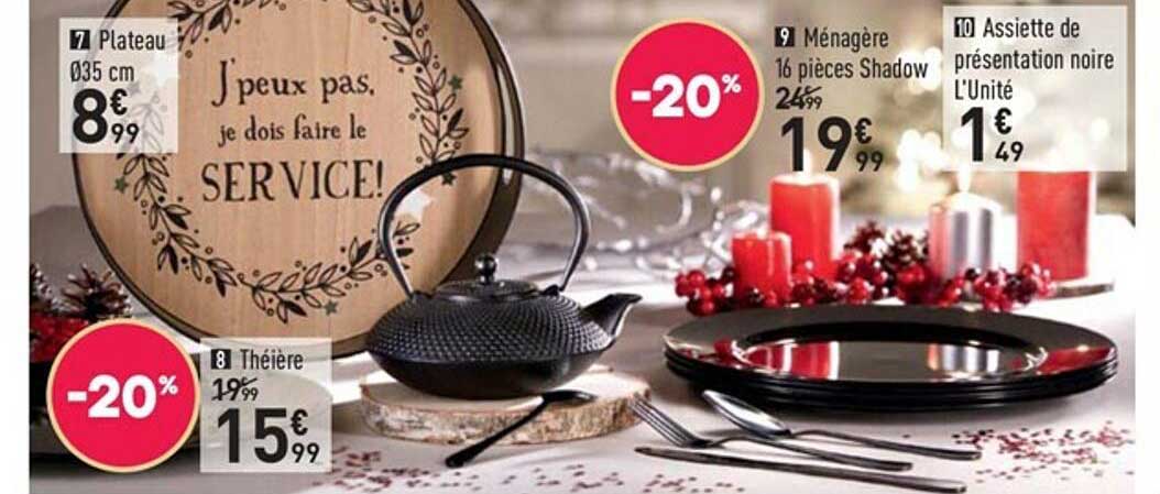 plateau ø35 cm, théière, assiette de résentation noire, ménagère 16 pièces shadow