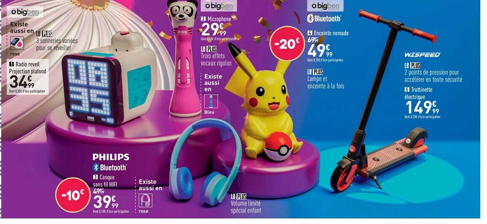 radio réveil projection plafond, casque sans  fil hifi philips, microphone, enceinte nomade, trottinette électrique wispeed