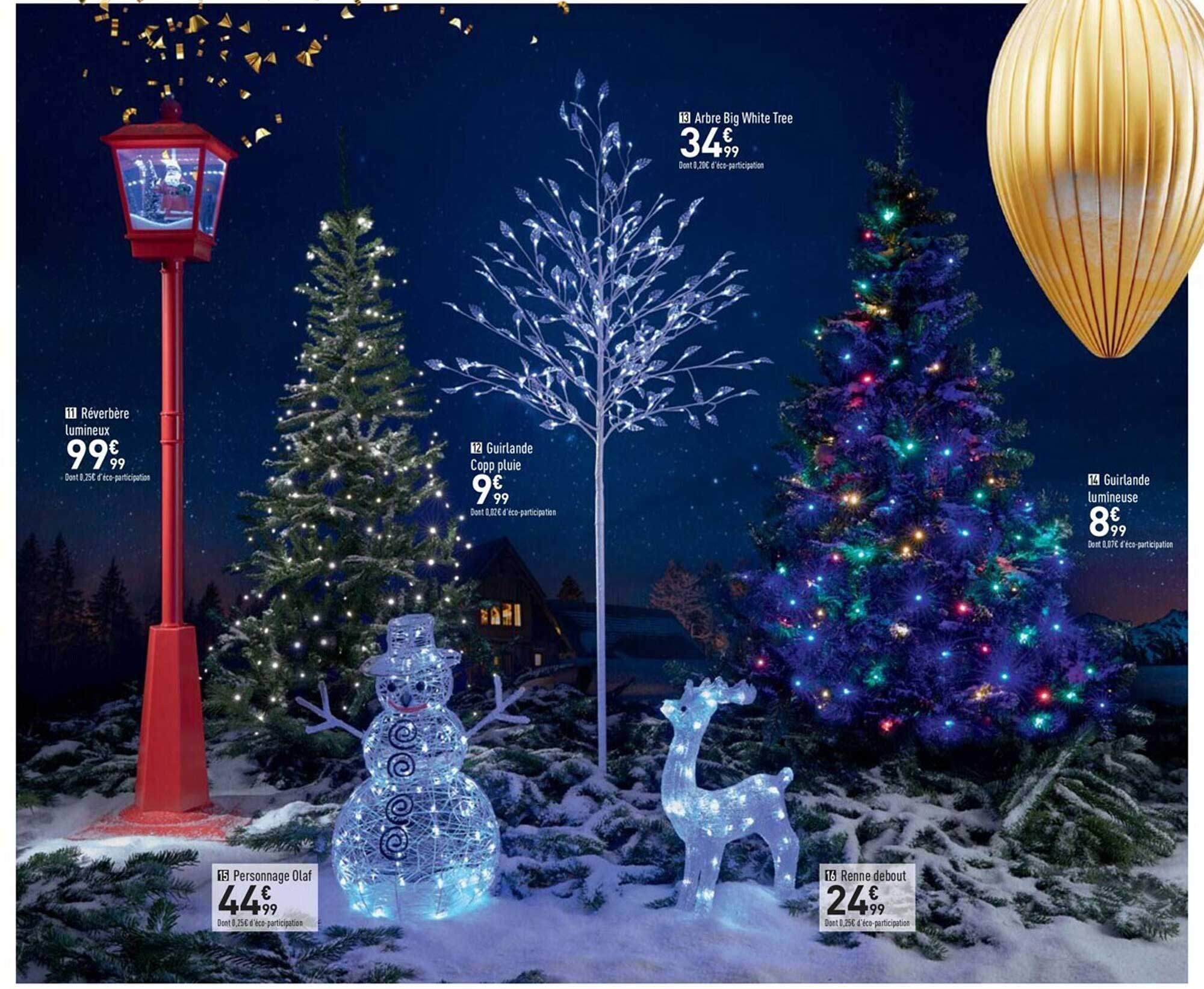 réverbère lumineux, guirlande copp pluie, arbre big white tree, personnage olaf, renne debout