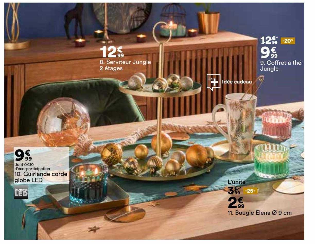 serviteur jungle 2 étages, guirlande corde globe led, bougie elena dreaméa 9 cm, coffret à thé jungle
