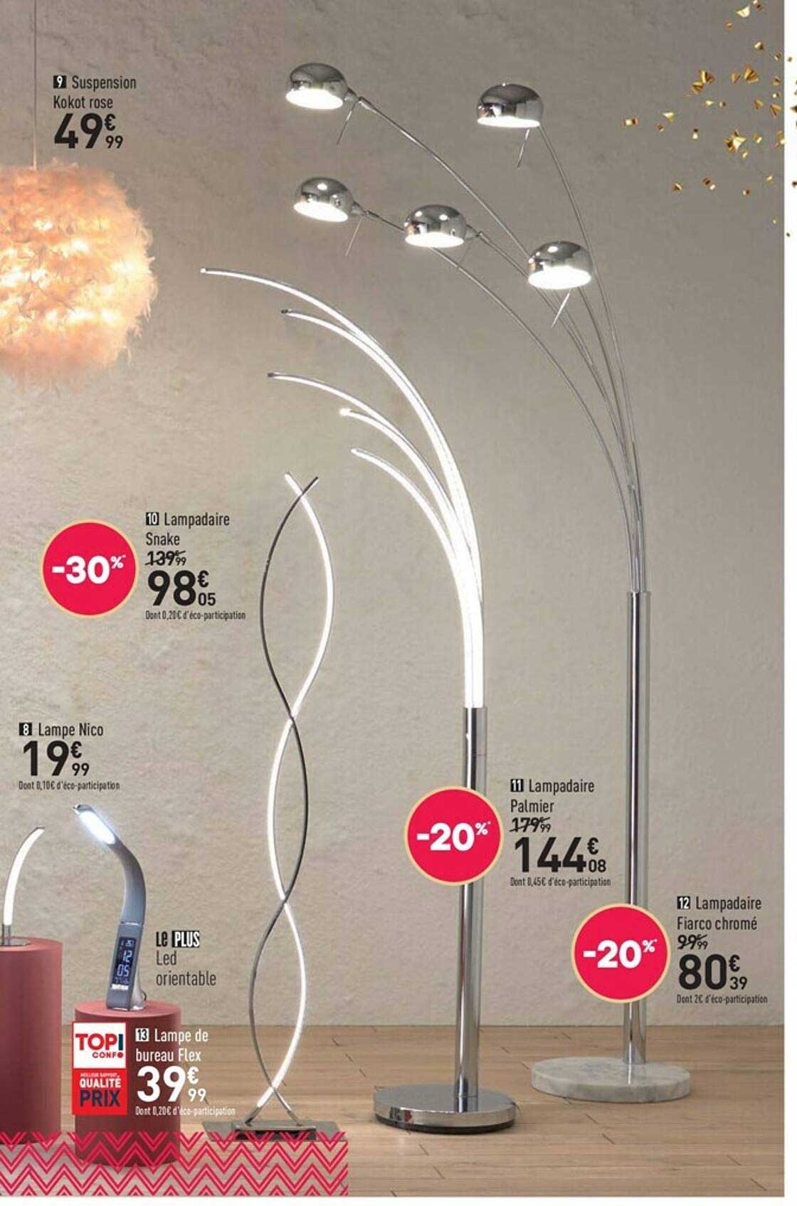 suspension kokot rose, lampadaire snake, lampe nico, lampadaire palmer, lampadaire fiarco chromé