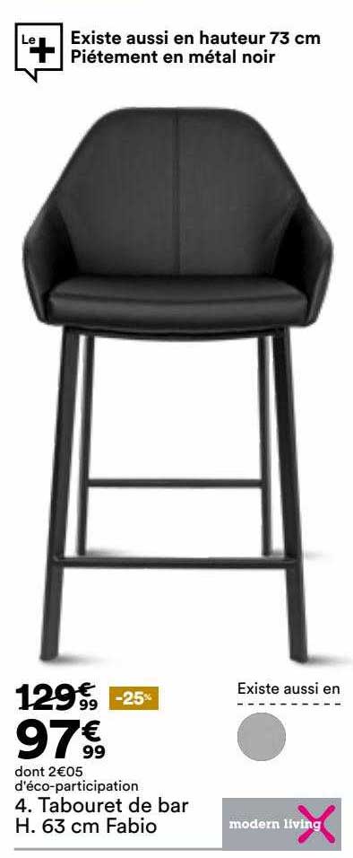 tabouret de bar h. 63 cm fabio modern living