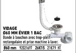 vidage ø60 mm évier 1 bac