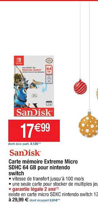 carte mémoire extrême micro sdhc 64 gb pour nintendo switch sandisk