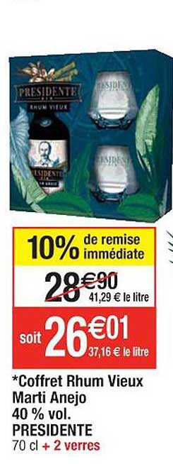 coffret rhum vieux marti anejo 40% vol. presidente