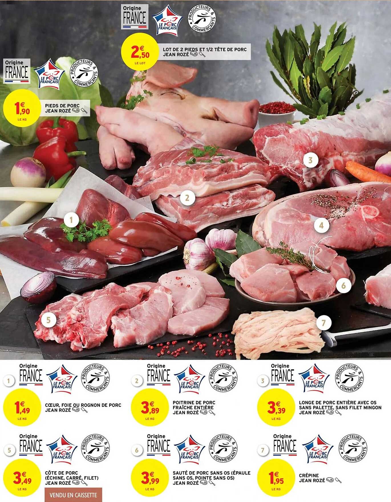 pieds de porc jean rozé, lot de 2 pieds et 1-2 tête de porc jean rozé, cœur, foie ou rognon côte de porc (échine, carré, filet) jean rozé, poitrine de porc fraîche entière jean rozé, sauté de porc