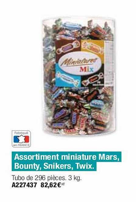 assortiment miniature mars, bounty, snickers, twix
