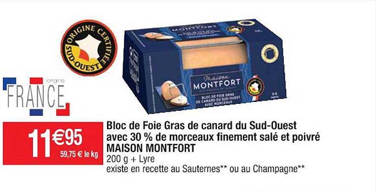 bloc de foie gras de canard du sud-ouest avec 30%  de morceaux finement salé et poivré maison montfort