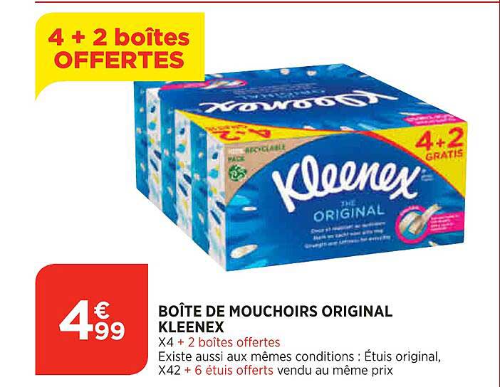 boîte de mouchoirs original kleenex 4+2 boîtes offertes