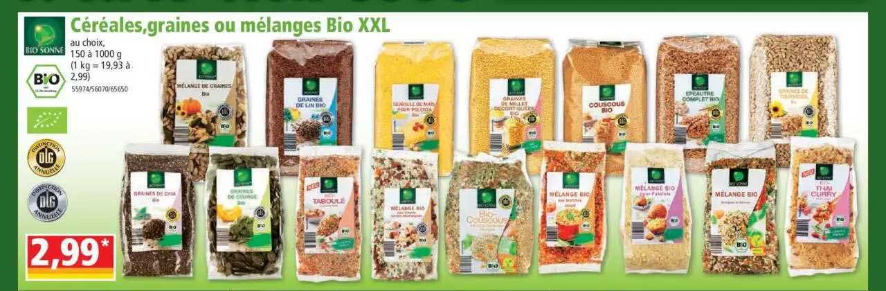 céréales, graines ou mélanges bio xxl bio sonne