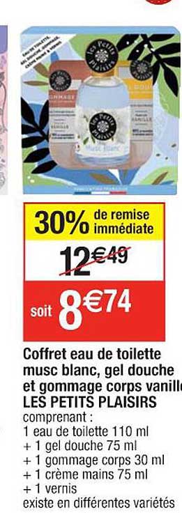 coffret eau de toilette musc blanc, gel douche et gommage corps vanille les petits plaisirs