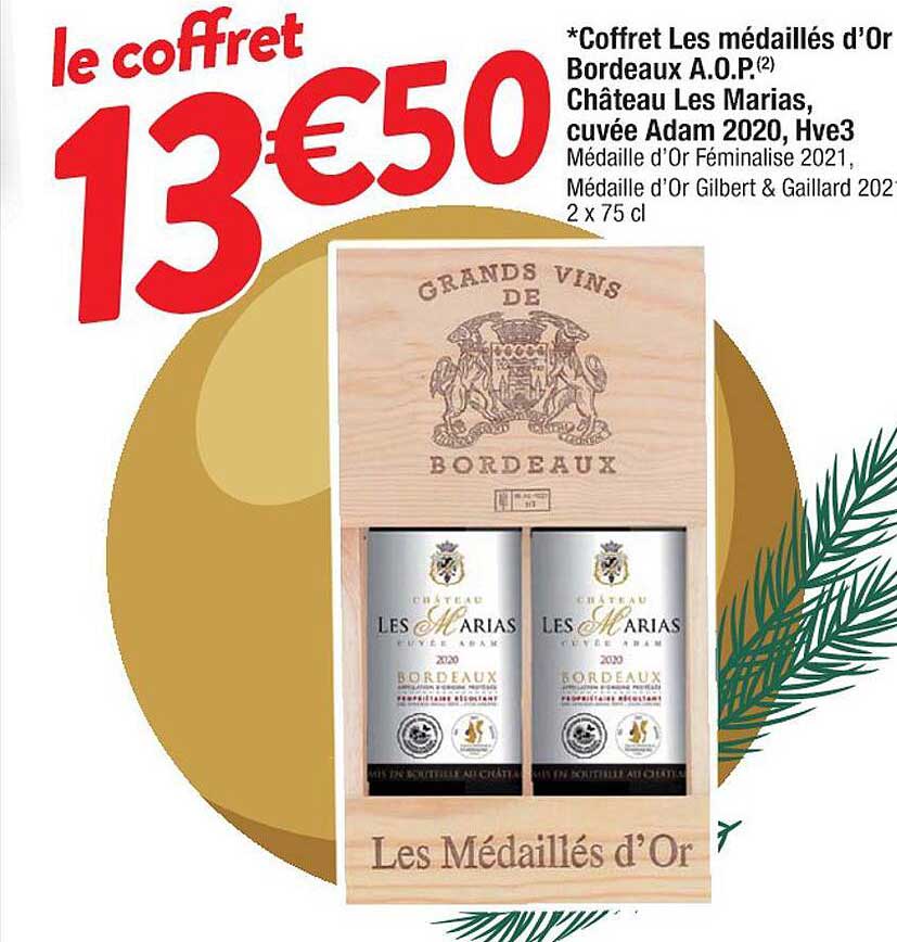 coffret les médaillés d'or bordeaux a.o.p. château les marias, cuvée adam 2020, hve3