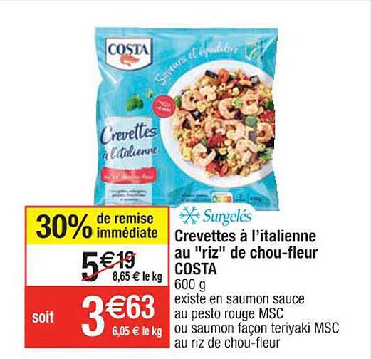 crevettes à l'italienne au "riz" de chou-fleur costa