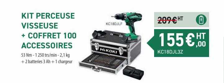 kit perceuse visseuse + coffret 100 accessoires hikoki