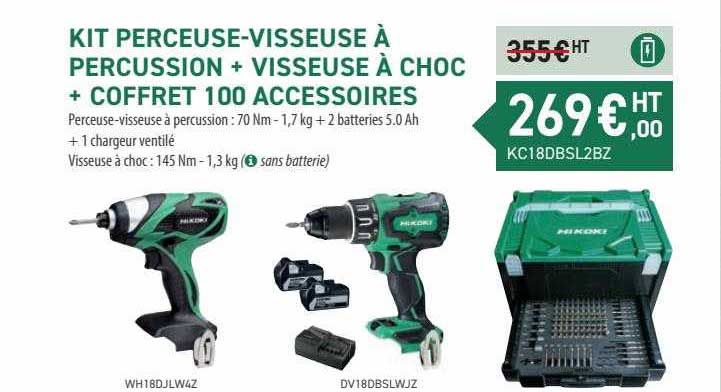 kit perceuse-visseuse à percussion + visseuse à choc + coffret 100 accessoires hikoki
