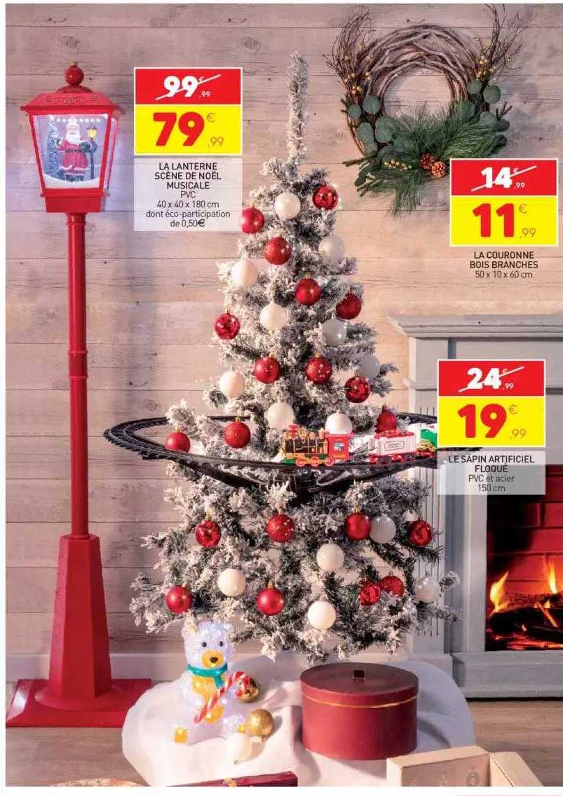 la lanterne scène de noël musicale pvc, la couronne bois branches, le sapin artificiel floqué