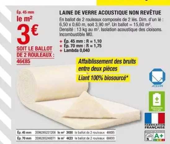 laine de verre acoustique non revêtue