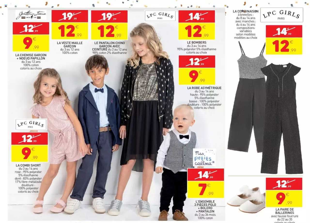 le chemise garçon + nœud papillon, la veste maille garçon, la combi short, le pantalon chino garçon avec ceinture, le bombers, la robe asymétrique, l'ensemble 3 pièces polo + boléro + pantalon